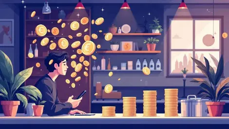 German small business owner cozy shop euro coins to bars smartphone illustration